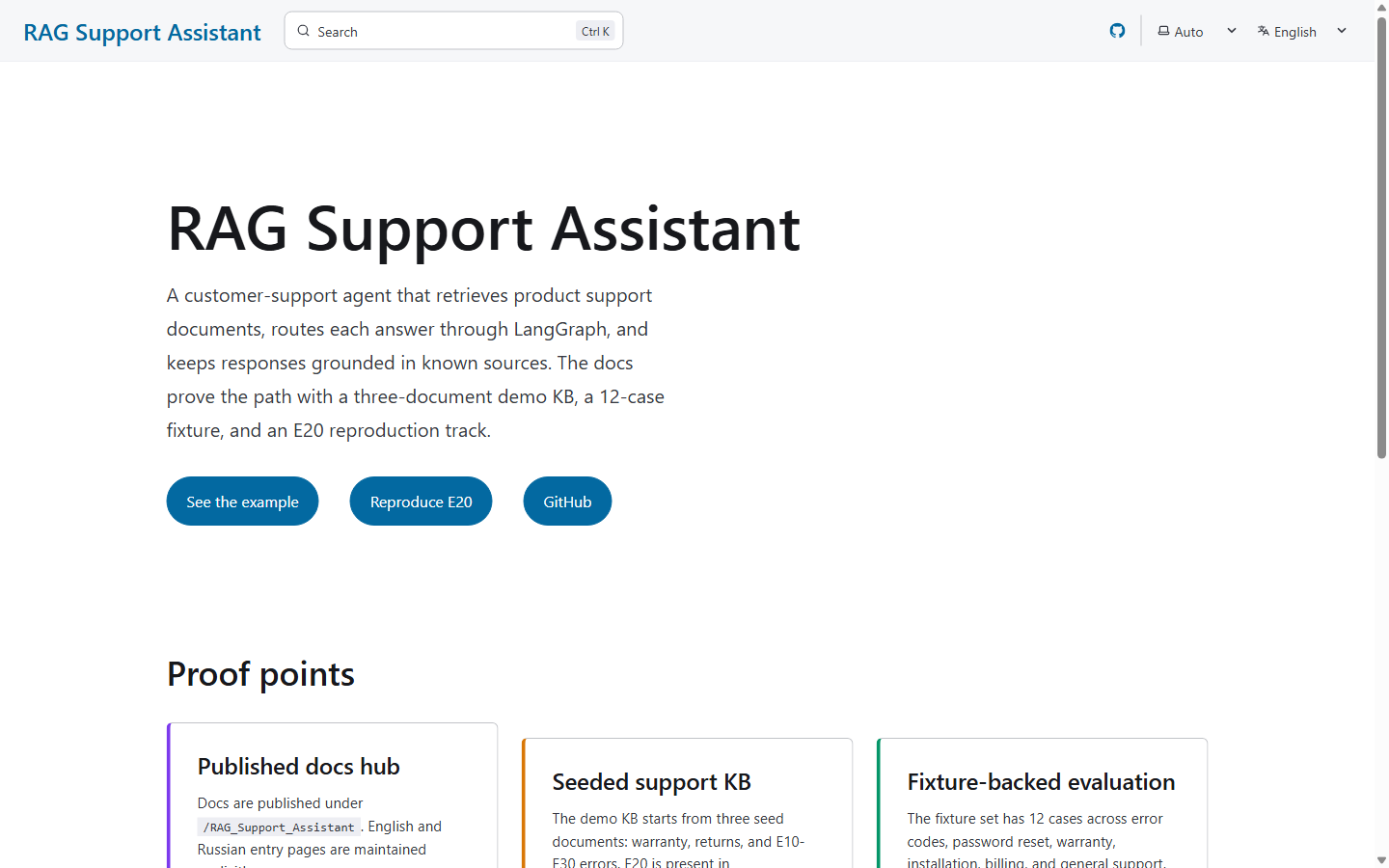 Landing page of the RAG Support Assistant docs hub: title, intro paragraph, See the example / Reproduce E20 / GitHub buttons, and the start of the Proof points cards.